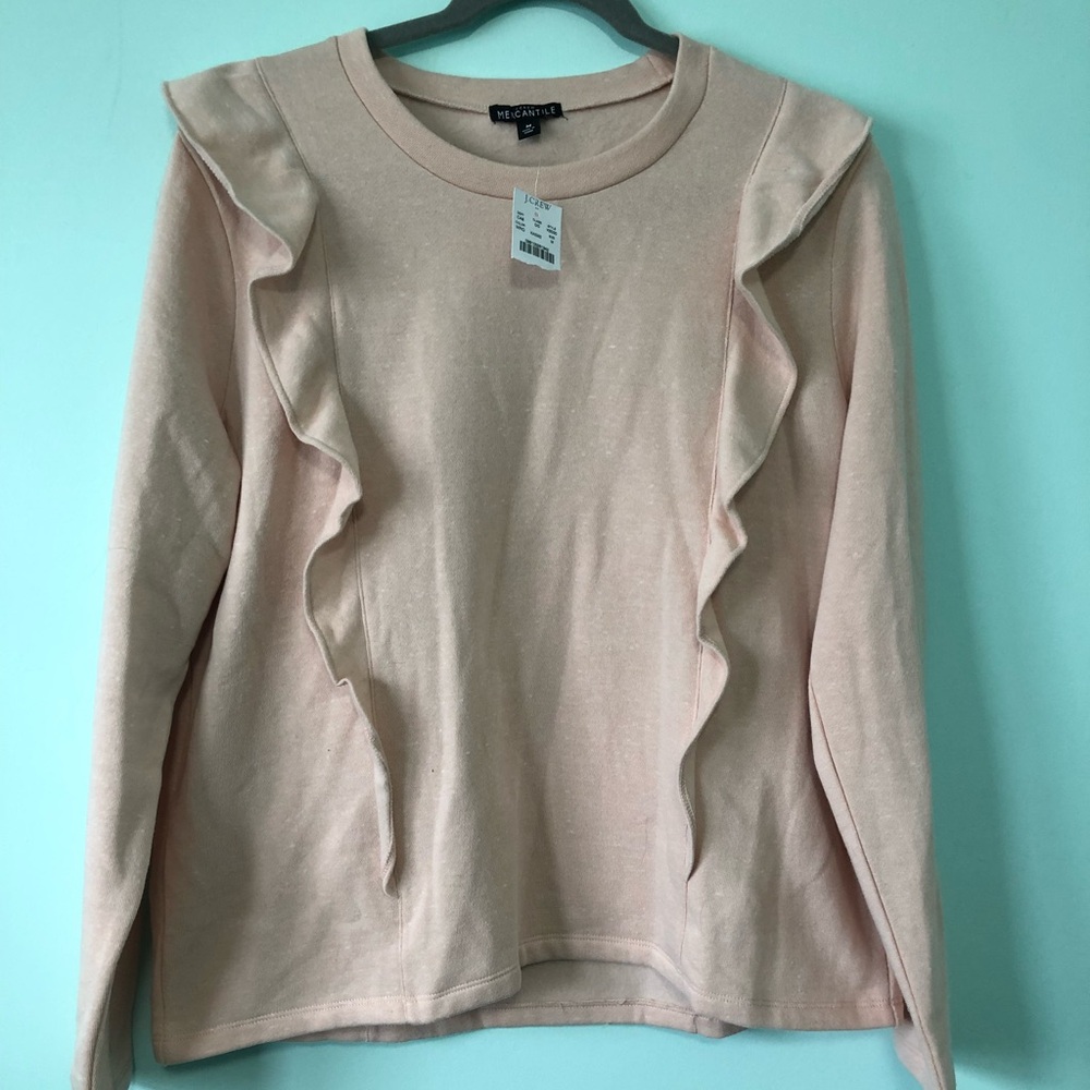J. Crew Blush Pink Ruffle-Trim Crewneck Sweater